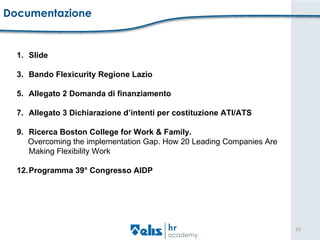 Documentazione Slide Bando Flexicurity Regione Lazio Allegato 2 Domanda di finanziamento Allegato 3 Dichiarazione d’intenti per costituzione ATI/ATS Ricerca  Boston College for Work & Family.  Overcoming the implementation Gap. How 20 Leading Companies Are Making Flexibility Work Programma 39° Congresso AIDP     