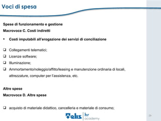 Voci di spesa  Spese di funzionamento e gestione  Macrovoce C. Costi indiretti  Costi imputabili all’erogazione dei servizi di conciliazione Collegamenti telematici; Licenze software; Illuminazione; Ammortamento/noleggio/affitto/leasing e manutenzione ordinaria di locali, attrezzature, computer per l’assistenza, etc. Altre spese  Macrovoce D. Altre spese  acquisto di materiale didattico, cancelleria e materiale di consumo;  