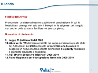 Il Bando Finalità dell’Avviso Promuovere  un sistema basato su politiche di conciliazione  in cui  la  flessibilità si coniuga non solo con  i  bisogni  e  le esigenze  del  singolo  ma  anche  della struttura  familiare nel suo complesso.  Normativa di riferimento   Legge 53 (articolo 9) del 2000 Libro Verde  “Modernizzare il diritto del lavoro per rispondere alle sfide del XXI secolo”  del   2006  nel quale la  Commissione Europea  ha suggerito un nuovo modello sociale definendolo  Flexicurity  finalizzato a bilanciare sicurezza e flessibilità. PET (Piano Esecutivo Triennale) 2008-2010 Piano Regionale per l’occupazione femminile 2009-2010 