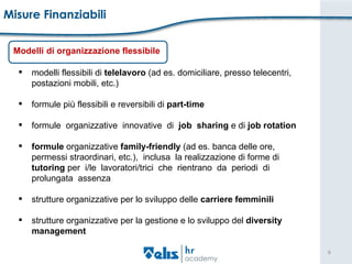 Misure Finanziabili Modelli   di organizzazione flessibile modelli flessibili di  telelavoro  (ad es. domiciliare, presso telecentri, postazioni mobili, etc.) formule più flessibili e reversibili di  part-time   formule  organizzative  innovative  di  job  sharing  e di  job rotation formule  organizzative  family-friendly  (ad es. banca delle ore, permessi straordinari, etc.),  inclusa  la realizzazione di forme di  tutoring  per  i/le  lavoratori/trici  che  rientrano  da  periodi  di  prolungata  assenza strutture organizzative per lo sviluppo delle  carriere femminili  strutture organizzative per la gestione e lo sviluppo del  diversity management 