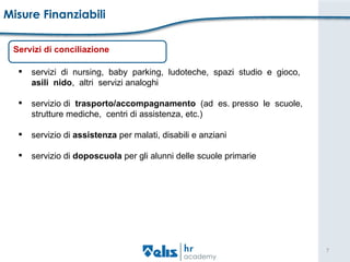 Misure Finanziabili Servizi di conciliazione servizi  di  nursing,  baby  parking,  ludoteche,  spazi  studio  e  gioco,  asili  nido ,  altri  servizi analoghi  servizio di  trasporto/accompagnamento   (ad  es. presso  le  scuole,  strutture mediche,  centri di assistenza, etc.) servizio di  assistenza  per malati, disabili e anziani servizio di  doposcuola  per gli alunni delle scuole primarie 