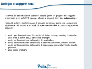 Delega a soggetti terzi I  servizi  di  conciliazione  possono  essere  gestiti  in  proprio  dal  soggetto  proponente  o  in  ATI/ATS, oppure  affidati  a  soggetti  terzi  (in  outsourcing ).  I soggetti  esterni  che forniscono  il  servizio  dovranno  avere  una  comprovata  esperienza  nel  settore  e le  voci  di  spesa ammissibili  in outsourcing sono le  seguenti:  costo  per  l’acquisizione  dei  servizi  di  baby  parking,  nursing,  ludoteche,  asili  nido  e  centri estivi, altri servizi analoghi;  costo per l’acquisizione del servizio di navetta/bus;  costo per l’acquisizione del servizio di assistenza bambini, disabili, anziani;  costo per l’acquisizione del servizio di doposcuola per gli alunni delle scuole primarie;  altre spese analoghe 