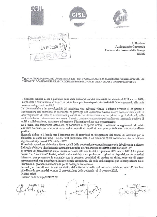Lettera Sindacati