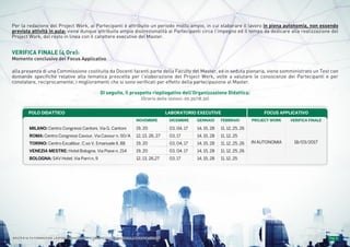 Pag. 6MASTER ALTA FORMAZIONE » EXPORT MANAGEMENT: COMMERCIO INTERNAZIONALE E NUOVI MERCATIMASTER ALTA FORMAZIONE » EXPORT MANAGEMENT: COMMERCIO INTERNAZIONALE E NUOVI MERCATI
Per la redazione del Project Work, ai Partecipanti è attribuito un periodo molto ampio, in cui elaborare il lavoro in piena autonomia, non essendo
prevista attività in aula: viene dunque attribuita ampia discrezionalità ai Partecipanti circa l’impegno ed il tempo da dedicare alla realizzazione del
Project Work, del resto in linea con il carattere executive del Master.
VERIFICA FINALE (4 Ore):
Momento conclusivo del Focus Applicativo
alla presenza di una Commissione costituita da Docenti facenti parte della Faculty del Master, ed in seduta plenaria, viene somministrato un Test con
domande specifiche relative alla tematica prescelta per l’elaborazione del Project Work, volte a valutare le conoscenze dei Partecipanti e per
constatare, reciprocamente, i miglioramenti che si sono verificati per effetto della partecipazione al Master.
Di seguito, il prospetto riepilogativo dell’Organizzazione Didattica:
(Orario delle lezioni: 09.30/18.30)
MILANO: Centro Congressi Cantoni, Via G. Cantoni
ROMA: Centro Congressi Cavour, Via Cavour n. 50/A
TORINO: Centro Excalibur, C.so V. Emanuele II, 88
VENEZIA MESTRE: Hotel Bologna, Via Piave n. 214
BOLOGNA: SAV Hotel, Via Parri n. 9
19, 20
12, 13, 26, 27
19, 20
19, 20
12, 13, 26,27
03, 04, 17
03, 17
03, 04, 17
03, 04, 17
03, 17
14, 15, 28
14, 15, 28
14, 15, 28
14, 15, 28
14, 15, 28
NOVEMBRE DICEMBRE GENNAIO
11, 12, 25, 26
11, 12, 25
11, 12, 25, 26
11, 12, 25, 26
11, 12, 25
FEBBRAIO PROJECT WORK VERIFICA FINALE
IN AUTONOMIA 18/03/2017
FOCUS APPLICATIVOLABORATORIO EXECUTIVEPOLO DIDATTICO
 