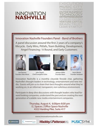  Innovation Nashville August Founders Panel - Band of Brothers  Thurs August 4th at ESpaces 6-8pm