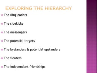  The Ringleaders
 The sidekicks
 The messengers
 The potential targets
 The bystanders & potential upstanders
 The floaters
 The independent friendships
 