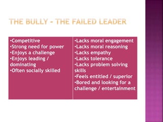 •Competitive
•Strong need for power
•Enjoys a challenge
•Enjoys leading /
dominating
•Often socially skilled
•Lacks moral engagement
•Lacks moral reasoning
•Lacks empathy
•Lacks tolerance
•Lacks problem solving
skills
•Feels entitled / superior
•Bored and looking for a
challenge / entertainment
 