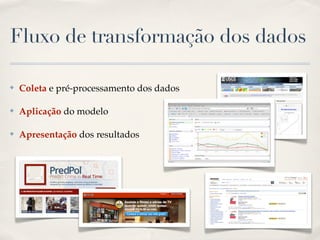 Fluxo de transformação dos dados
✤
Coleta e pré-processamento dos dados
✤
Aplicação do modelo
✤
Apresentação dos resultados