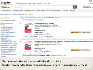 Entrada: milhões de itens e milhões de usuários
Saída: recomendar itens com acurácia alta para os usuários (clientes)