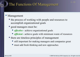 McGraw-Hill © 2003 The McGraw-Hill Companies, Inc. All rights reserved.
McGraw-Hill © 2003 The McGraw-Hill Companies, Inc. All rights reserved.
1 - 13
The Functions Of Management
The Functions Of Management
 Management
 the process of working with people and resources to
accomplish organizational goals
 good managers must be:
 effective - achieve organizational goals
 efficient - achieve goals with minimum waste of resources
 there are timeless principles of management
 still important for making managers and companies great
 must add fresh thinking and new approaches
 