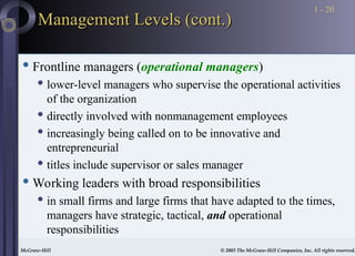 McGraw-Hill © 2003 The McGraw-Hill Companies, Inc. All rights reserved.
McGraw-Hill © 2003 The McGraw-Hill Companies, Inc. All rights reserved.
1 - 20
Management Levels (cont.)
Management Levels (cont.)
 Frontline managers (operational managers)
 lower-level managers who supervise the operational activities
of the organization
 directly involved with nonmanagement employees
 increasingly being called on to be innovative and
entrepreneurial
 titles include supervisor or sales manager
 Working leaders with broad responsibilities
 in small firms and large firms that have adapted to the times,
managers have strategic, tactical, and operational
responsibilities
 