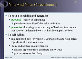 McGraw-Hill © 2003 The McGraw-Hill Companies, Inc. All rights reserved.
McGraw-Hill © 2003 The McGraw-Hill Companies, Inc. All rights reserved.
1 - 27
 Be both a specialist and generalist
 specialist - expert in something
 provide concrete, identifiable value to the firm
 generalist - knowing about a variety of business functions so
that you can understand work with different perspectives
 Be self-reliant
 take responsibility for yourself, your actions, and your career
regardless of where you work
 think and act like an entrepreneur
 look for opportunities to contribute in new ways
 generate constructive change
You And Your Career (cont.)
You And Your Career (cont.)
 