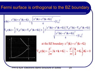Fermi surface is orthogonal to the BZ boundary

                                            ( ε 0 (k ) − ε 0 (k + G ) )
                                                                          2
            ε (k ) + ε (k + G )
             0            0
                                                                                     2
 ε (k ) =                       ±                                             + UG
                     2                                     4
                                                           1 (ε       (k ) − ε 0 (k + G ) ) ( ∇ k ε 0 (k ) − ∇ k ε 0 (k + G ) )
                                                                  0
                 1
 ∇ k ε (k ) =      ( ∇ k ε 0 (k ) + ∇ k ε 0 ( k + G ) )   ± 2
                 2                                         2
                                                                               ( ε 0 (k ) − ε 0 (k + G) )
                                                                                                            2
                                                                                                                       2
                                                                                                                + UG
                                                                                            4

                                                          at the BZ boundary : ε 0 (k ) = ε 0 (k + G )
                                                               h2                h2  k 
                                                  ∇ k ε (k ) =    ( k + k + G ) ¬  + G ÷×G = 0
                                                               2m                m2    



            PHYS 624: Electronic Band Structure of Solids                                        29
 
