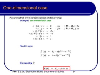 One-dimensional case

  →Assuming that only nearest neighbor orbitals overlap:




      PHYS 624: Electronic Band Structure of Solids        34
 