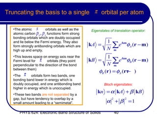 Truncating the basis to a single π orbital per atom

   •The atomic    s     orbitals as well as the    Eigenstates of translation operator:
                  p ,p
   atomic carbon x y functions form strong
   bonding orbitals which are doubly occupied
                                                             1
                                                                 ∑
   and lie below the Fermi energy. They also
   form strongly antibonding orbitals which are   kA =             eikmφA (r − m)
   high up and empty.                                        N       m

   •This leaves space on energy axis near the            1
   Fermi level for  π    orbitals (they point
   perpendicular to the direction of the bond
                                                  kB =
                                                         N m
                                                             ∑  eikmφB (r − m )
   between them)
                                                     φB (r ) = φA (rτ )
                                                                    −
   •The  π     orbitals form two bands, one
   bonding band lower in energy which is
   doubly occupied, and one antibonding band               Bloch eigenstates:
   higher in energy which is unoccupied.
   •These two bands are not separated by a
                                                       kn = α kA + β kB
   gap, but have tendency to overlap by a                        2        2
   small amount leading to a “semimetal”.                    α + β =1

       PHYS 624: Electronic Band Structure of Solids                 40
 