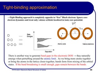Tight-binding approximation -> Tight Binding approach is completely opposite to “free” Bloch electron: Ignore core electron dynamics and treat only valence orbitals localized in ionic core potential.  There is another way to generate  band gaps   in the electronic DOS  -> they naturally emerge when perturbing around the  atomic limit .  As we bring more atoms together or bring the atoms in the lattice closer together, bands form from mixing of the orbital states.  If the band broadening is small enough, gaps remain between the bands. 
