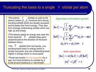 Truncating the basis to a single  orbital per atom The atomic  orbitals as well as the atomic carbon  functions form strong bonding orbitals which are doubly occupied and lie below the Fermi energy. They also form strongly antibonding orbitals which are high up and empty.  This leaves space on energy axis near the Fermi level for  orbitals (they point perpendicular to the direction of the bond between them) The  orbitals form two bands, one bonding band lower in energy which is doubly occupied, and one antibonding band higher in energy which is unoccupied.  These two bands  are not separated  by a gap, but have tendency to overlap by a small amount leading to a “semimetal”. Eigenstates of translation operator: Bloch eigenstates: 