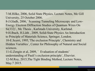 7-M.Hilke, 2006, Solid State Physics, Lecture Notes, Mc Gill
University, 25 October 2006.
8-J.Gladh, 2006,` Scanning Tunneling Microscopy and Low-
Energy Electron Diffraction Studies of Quantum Wires On
Si(332)`, Mc Thesis , Karlstads University, Karlstad.
9-H.Ibach, H.Lüth , 2009, Solid-State Physics An Introduction
to Principle of Materials Science, Springer, London.
10-E.Scerri, 1995,`The exclusion Principle`, Chemistry and
Hidden Variables`, Center for Philosophy of Natural and Social
sciences.
11-G.Zengin et al, 2009, ` Evaluation of students’
understanding of Pauli’s exclusion principle`, Elsevier.
12-M.Roy, 2015,The Tight Binding Method, Lecture Notes,
May.7 2015.
 