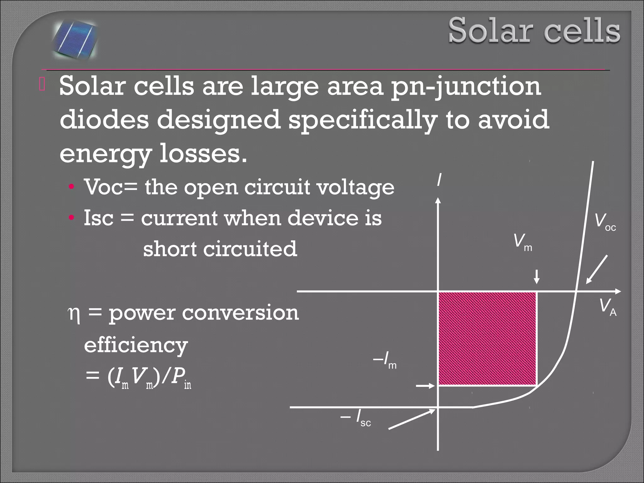  Solar cells are large area pn-junction 
diodes designed specifically to avoid 
energy losses. 
• Voc= the open circuit voltage 
• Isc = current when device is 
short circuited 
h = power conversion 
efficiency 
= (Im Vm)/Pin 
I 
Voc 
VA 
Vm 
– Isc 
–Im 
 