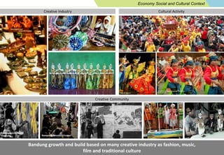 Economy Social and Cultural Context 
Creative Industry Cultural Activity 
Creative Community 
Bandung growth and build based on many creative industry as fashion, music, 
film and traditional culture 
 