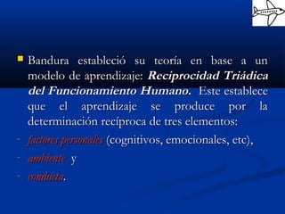  Bandura estableció su teoría en base a unBandura estableció su teoría en base a un
modelo de aprendizaje:modelo de aprendizaje: Reciprocidad TriádicaReciprocidad Triádica
del Funcionamiento Humano.del Funcionamiento Humano. Este estableceEste establece
que el aprendizaje se produce por laque el aprendizaje se produce por la
determinación recíproca de tres elementos:determinación recíproca de tres elementos:
- factores personalesfactores personales (cognitivos, emocionales, etc),(cognitivos, emocionales, etc),
- ambienteambiente yy
- conductaconducta..
 