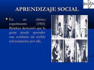 APRENDIZAJE SOCIALAPRENDIZAJE SOCIAL
 En un clásicoEn un clásico
experimento (1965)experimento (1965)
Bandura demostró que laBandura demostró que la
gente puede aprendergente puede aprender
una conducta sin recibiruna conducta sin recibir
reforzamiento por ella.reforzamiento por ella.
 