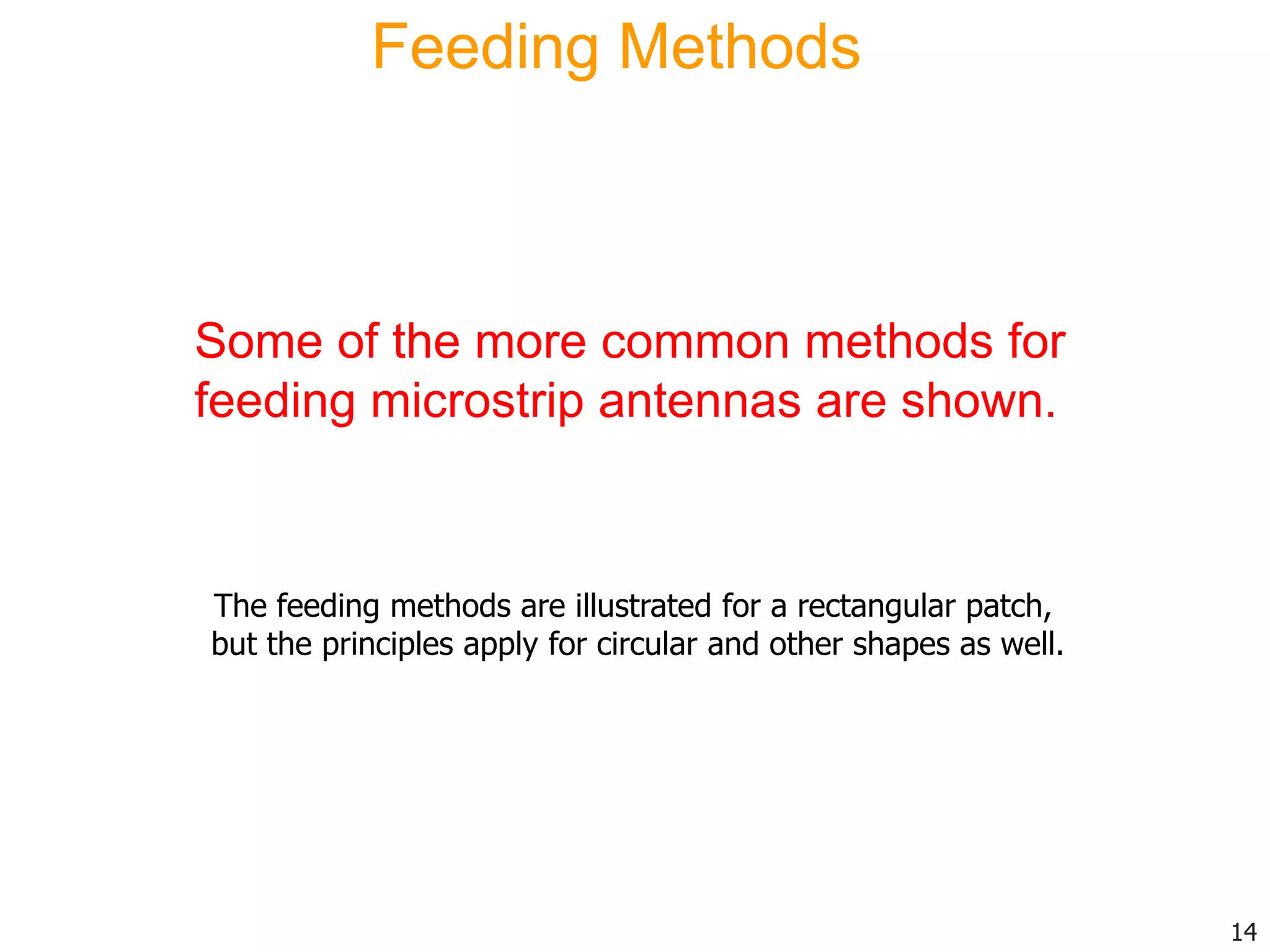 Feeding Methods
Some of the more common methods for
feeding microstrip antennas are shown.
14
The feeding methods are illustrated for a rectangular patch,
but the principles apply for circular and other shapes as well.
 