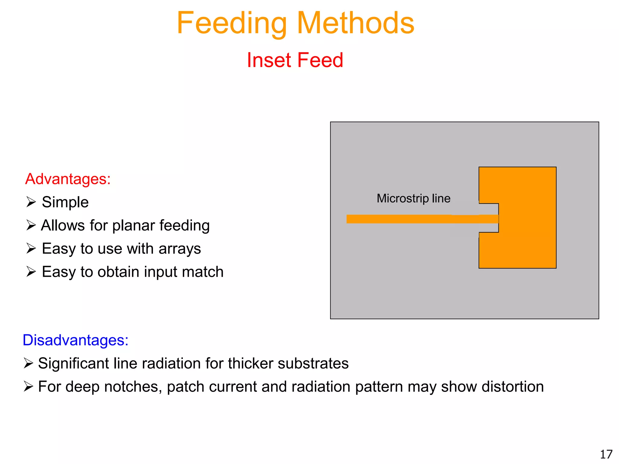Advantages:
 Simple
 Allows for planar feeding
 Easy to use with arrays
 Easy to obtain input match
Disadvantages:
 Significant line radiation for thicker substrates
 For deep notches, patch current and radiation pattern may show distortion
17
Inset Feed
Microstrip line
Feeding Methods
 