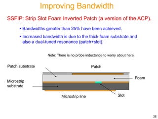 SSFIP: Strip Slot Foam Inverted Patch (a version of the ACP).
Microstrip
substrate
Patch
Microstrip line Slot
Foam
Patch substrate
 Bandwidths greater than 25% have been achieved.
 Increased bandwidth is due to the thick foam substrate and
also a dual-tuned resonance (patch+slot).
38
Improving Bandwidth
Note: There is no probe inductance to worry about here.
 