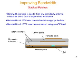  Bandwidth increase is due to thick low-permittivity antenna
substrates and a dual or triple-tuned resonance.
 Bandwidths of 25% have been achieved using a probe feed.
 Bandwidths of 100% have been achieved using an ACP feed.
Microstrip
substrate
Driven patch
Microstrip line
Slot
Patch substrates
Parasitic patch
39
Improving Bandwidth
Stacked Patches
 