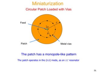 The patch has a monopole-like pattern
Feed c
b
Patch Metal vias
2a
The patch operates in the (0,0) mode, as an LC resonator
56
Miniaturization
Circular Patch Loaded with Vias
 