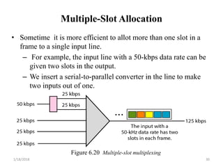 Multiple-Slot Allocation
• Sometime it is more efficient to allot more than one slot in a
frame to a single input line.
– For example, the input line with a 50-kbps data rate can be
given two slots in the output.
– We insert a serial-to-parallel converter in the line to make
two inputs out of one.
Figure 6.20 Multiple-slot multiplexing
1/18/2018 30
 