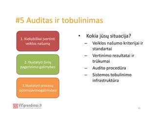 #5 Auditas ir tobulinimas
 1. Kiekybiškai įvertinti
                            •   Kokia jūsų situacija?
     veiklos našumą             –   Veiklos našumo kriterijai ir
                                    standartai
                                –   Vertinimo rezultatai ir
   2. Nustatyti žinių               trūkumai
 pagerinimo galimybes           –   Audito procedūra
                                –   Sistemos tobulinimo
                                    infrastruktūra
  3.Nustatyti procesų
optimizavimogalimybes



                                                             13
 
