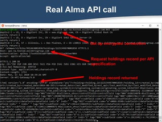 Real Alma API call
Set up encrypted connection
Request holdings record per API
specification
Holdings record returned
 