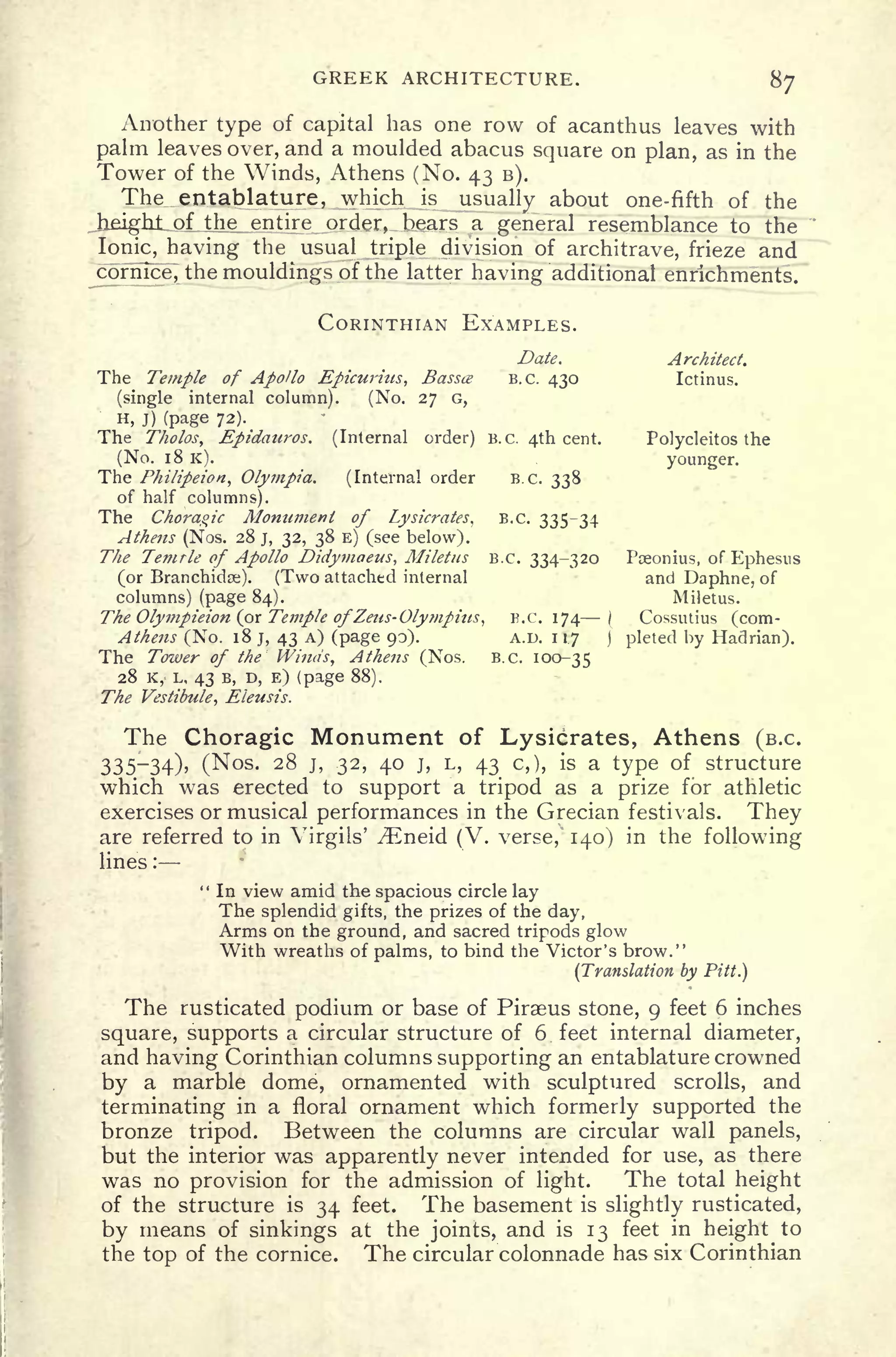 GREEK ARCHITECTURE. 87
Another type of capital has one row of acanthus leaves with
palm leaves over, and a moulded abacus square on plan, as in the
Tower of the Winds, Athens (No. 43 B).
The entablature, which is__usually about one-fifth of the
JieighJLof the_ entire order, bears a general resemblance to the
Ionic, having the usual triple division of architrave, frieze and
^cormce,_
the mouldings of the latter having additional enrichments.
CORINTHIAN EXAMPLES.
Date. Architect.
The Temple of Apollo Epicurius, Bassie B.C. 430 Ictinus.
(single internal column). (No. 27 G,
H, j) (page 72).
The Tholos, Epidauros. (Internal order) B.C. 4th cent. Polycleitos the
(No. 18 K). younger.
The Philipeion, Olympia. (Internal order B.C. 338
of half columns).
The Choragic Monument of Lysicrates, B.C. 335-34
Athens (Nos. 28 j, 32, 38 E) (see below).
The Temrle of Apollo Didymaeus, Miletus B.C. 334-320 Poeonius, of Ephesus
(or Branchidae). (Two attached internal and Daphne, of
columns) (page 84). Miletus.
The Olympieion (or Temple ofZeics-Olympius, B.C. 174 | Cossutius (com-
Athens (No. 18 j, 43 A) (page 90). A.D. 117 j pleted by Hadrian),
The Tower of the Wind's, Athens (Nos. B.C. 100-35
28 K, L, 43 B, D, E) (page 88),
The Vestibule, Eleusis.
The Choragic Monument of Lysicrates, Athens (B.C.
335-34), (Nos. 28 j, 32, 40 j, L, 43 c,), is a type of structure
which was erected to support a tripod as a prize for athletic
exercises or musical performances in the Grecian festivals. They
are referred to in Virgils' ^Eneid (V. verse, 140) in the following
lines :
" In view amid the spacious circle lay
The splendid gifts, the prizes of the day,
Arms on the ground, and sacred tripods glow
With wreaths of palms, to bind the Victor's brow."
(Translation by Pitt.)
The rusticated podium or base of Piraeus stone, 9 feet 6 inches
square, supports a circular structure of 6 feet internal diameter,
and having Corinthian columns supporting an entablature crowned
by a marble dome, ornamented with sculptured scrolls, and
terminating in a floral ornament which formerly supported the
bronze tripod. Between the columns are circular wall panels,
but the interior was apparently never intended for use, as there
was no provision for the admission of light. The total height
of the structure is 34 feet. The basement is slightly rusticated,
by means of sinkings at the joints, and is 13 feet in height to
the top of the cornice. The circular colonnade has six Corinthian
 