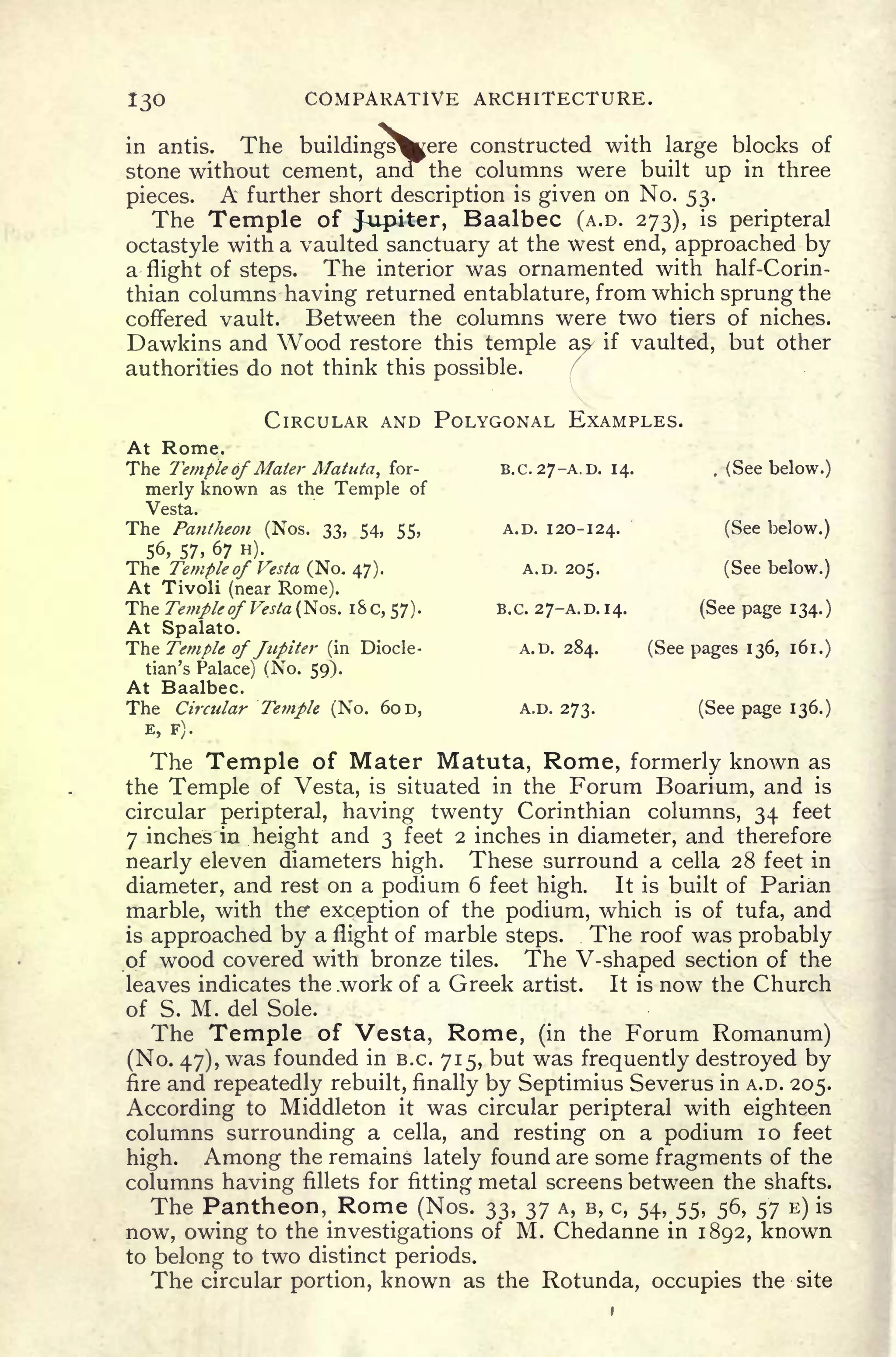 I3O COMPARATIVE ARCHITECTURE.
in antis. The buildingsWere constructed with large blocks of
stone without cement, ana the columns were built up in three
pieces. A further short description is given on No. 53.
The Temple of Jupiter, Baalbec (A.D. 273), is peripteral
octastyle with a vaulted sanctuary at the west end, approached by
a flight of steps. The interior was ornamented with half-Corin-
thian columns having returned entablature, from which sprung the
coffered vault. Between the columns were two tiers of niches.
Dawkins and Wood restore this temple as^ if vaulted, but other
authorities do not think this possible.
CIRCULAR AND POLYGONAL EXAMPLES.
At Rome.
The Temple of Mater Matuta, for- B.C.27-A.D. 14. . (See below.)
merly known as the Temple of
Vesta.
The Pantheon (Nos. 33, 54, 55, A.D. 120-124. (See below.)
56, 57, 67 H).
The Temple of Vesta (No. 47). A.D. 205. (See below.)
At Tivoli (near Rome).
The Temple of'Vesta (Nos. iSc, 57). B.C. 27-A.D.I4. (See page 134.)
At Spalato.
The Temple ofJttpiter (in Diocle- A.D. 284. (Seepages 136, 161.)
tian's Palace) (No. 59).
At Baalbec.
The Circular Temple (No. 60 D, A.D. 273. (See page 136.)
E, F).
The Temple of Mater Matuta, Rome, formerly known as
the Temple of Vesta, is situated in the Forum Boarium, and is
circular peripteral, having twenty Corinthian columns, 34 feet
7 inches in height and 3 feet 2 inches in diameter, and therefore
nearly eleven diameters high. These surround a cella 28 feet in
diameter, and rest on a podium 6 feet high. It is built of Parian
marble, with the* exception of the podium, which is of tufa, and
is approached by a flight of marble steps. The roof was probably
of wood covered with bronze tiles. The V-shaped section of the
leaves indicates the .work of a Greek artist. It is now the Church
of S. M. del Sole.
The Temple of Vesta, Rome, (in the Forum Romanum)
(No. 47), was founded in B.C. 715, but was frequently destroyed by
fire and repeatedly rebuilt, finally by Septimius Severus in A.D. 205.
According to Middleton it was circular peripteral with eighteen
columns surrounding a cella, and resting on a podium 10 feet
high. Among the remains lately found are some fragments of the
columns having fillets for fitting metal screens between the shafts.
The Pantheon, Rome (Nos. 33, 37 A, B, c, 54, 55, 56, 57 E) is
now, owing to the investigations of M. Chedanne in 1892, known
to belong to two distinct periods.
The circular portion, known as the Rotunda, occupies the site
 