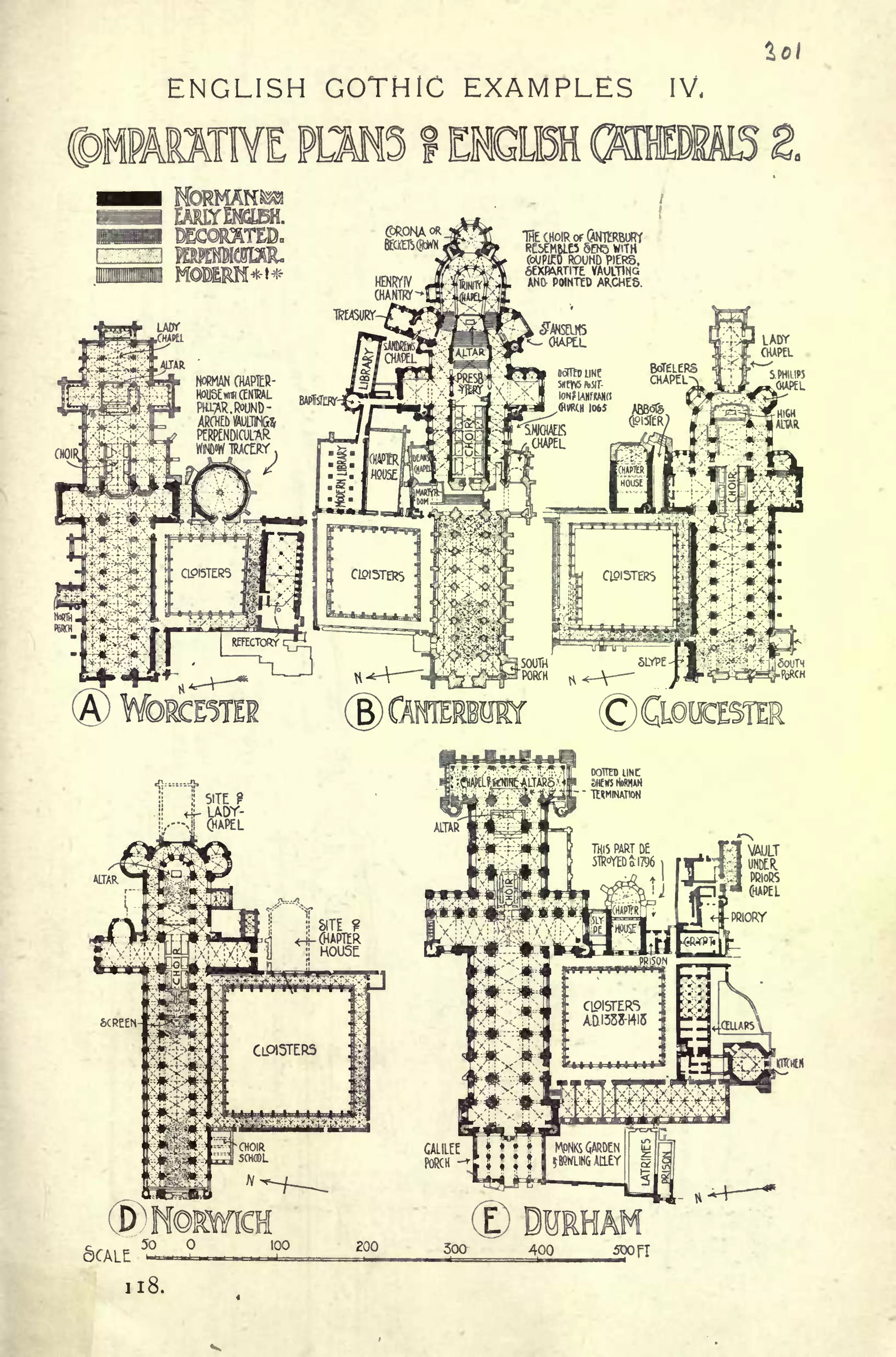 ENGLISH GOTHIC EXAMPLES IV,
LADY
CHAPEL
NORMAN CHAPIER-
vm CENTRAL
mm.ROUND
-
ARCHEb VAULTINGS
PERPENDICULAR
WlND'W TRACERY .
6CALE
50
400 500 rr
118.
 