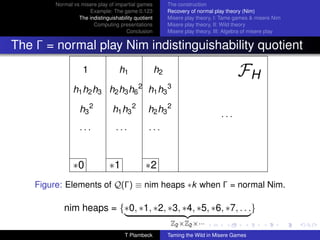 Normal vs misere play of impartial games          The construction
                      Example: The game 0.123              Recovery of normal play theory (Nim)
                  The indistinguishability quotient        Misere play theory, I: Tame games  misere Nim
                        Computing presentations            Misere play theory, II: Wild theory
                                       Conclusion          Misere play theory, III: Algebra of misere play


The Γ = normal play Nim indistinguishability quotient
                    1               h1                h2                                FH
                h1 h2 h3 h2 h3 h6 2 h1 h3 3

                   h3 2          h1 h3 2         h2 h3 2
                                                                                 ···
                   ···             ···           ···


                ∗0              ∗1             ∗2
    Figure: Elements of Q(Γ) ≡ nim heaps ∗k when Γ = normal Nim.

            nim heaps = {∗0, ∗1, ∗2, ∗3, ∗4, ∗5, ∗6, ∗7, . . .}
                                                            Z2 ×Z2 ×···
                                      T Plambeck           Taming the Wild in Misere Games
 