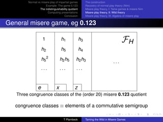 Normal vs misere play of impartial games          The construction
                     Example: The game 0.123              Recovery of normal play theory (Nim)
                 The indistinguishability quotient        Misere play theory, I: Tame games  misere Nim
                       Computing presentations            Misere play theory, II: Wild theory
                                      Conclusion          Misere play theory, III: Algebra of misere play


General misere game, eg 0.123

                    1              h1                h3                                FH
                    h2             h5                h4

                    h5 2           h2 h5        h2 h3
                                                                                ···
                    ···            ···          ···


                e              x               z
   Three congruence classes of the (order 20) misere 0.123 quotient

   congruence classes ≡ elements of a commutative semigroup

                                     T Plambeck           Taming the Wild in Misere Games
 