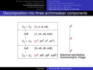 Normal vs misere play of impartial games     The construction
                    Example: The game 0.123         Recovery of normal play theory (Nim)
                The indistinguishability quotient   Misere play theory, I: Tame games  misere Nim
                      Computing presentations       Misere play theory, II: Wild theory
                                     Conclusion     Misere play theory, III: Algebra of misere play


Decomposition into three archimedean components


               Z2 × Z2 {e, x, a, xa}                                             40

                  null           {z, xz, za, xza}
                                                                                 44
               Z2 × Z2 {z 2 , xz 2 , z 3 , xz 3 }

                  null           {b, xb, zb, xzb}
                                                                44
               Z2 × Z2           {b2 , xb2 , zb2 , xzb2 } Maximal semilattice
                                                          homomorphic image


                                    T Plambeck      Taming the Wild in Misere Games
 