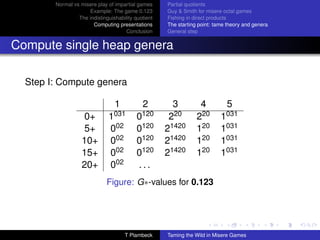 Normal vs misere play of impartial games     Partial quotients
                     Example: The game 0.123         Guy  Smith for misere octal games
                 The indistinguishability quotient   Fishing in direct products
                       Computing presentations       The starting point: tame theory and genera
                                      Conclusion     General step


Compute single heap genera

  Step I: Compute genera

                               1            2          3          4         5
                    0+        1031         0120       220        220       1031
                    5+        002          0120      21420       120       1031
                   10+        002          0120      21420       120       1031
                   15+        002          0120      21420       120       1031
                   20+        002          ...
                              Figure: G∗-values for 0.123




                                     T Plambeck      Taming the Wild in Misere Games
 