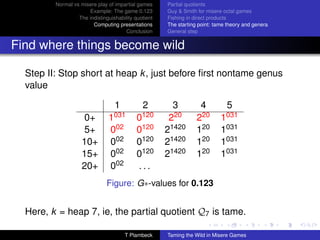 Normal vs misere play of impartial games     Partial quotients
                      Example: The game 0.123         Guy  Smith for misere octal games
                  The indistinguishability quotient   Fishing in direct products
                        Computing presentations       The starting point: tame theory and genera
                                       Conclusion     General step


Find where things become wild

  Step II: Stop short at heap k , just before ﬁrst nontame genus
  value

                                  1           2         3          4          5
                     0+        1031         0120       220        220       1031
                     5+         002         0120      21420       120       1031
                    10+         002         0120      21420       120       1031
                    15+         002         0120      21420       120       1031
                    20+         002         ...
                               Figure: G∗-values for 0.123


  Here, k = heap 7, ie, the partial quotient Q7 is tame.

                                      T Plambeck      Taming the Wild in Misere Games
 