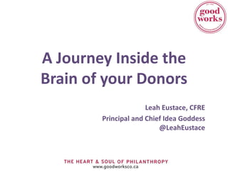 A Journey Inside the 
Brain of your Donors 
Leah Eustace, CFRE 
Principal and Chief Idea Goddess 
@LeahEustace 
 