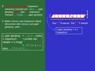8. Sepasang sisi sejajar trapesium
sekarang menjadi sisi ………… jajar
genjang (a+b), dan ½ t trapesium
menjadi ……………… jajar genjang
Sisi “b” 6 satuan
t jajar genjang = ½ t
trapesium
Sisi “a” 3 satuan
9. Maka rumus Luas trapesium dapat
diturunkan dari rumus Luas jajar
genjang, yaitu :
L jajar genjang = ………. , maka
L trapesium = jumlah sisi
sejajar x ½ tinggi
= ……….. x …...
atau …………………..
alas
tinggi
?
?
a x t
(a + b) ½ t
½ t x (a + b)
?
? ?
?
 