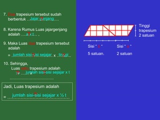 Sisi “ b “
5 satuan.
Tinggi
trapesium
2 satuan
Sisi “ a “
2 satuan
8. Karena Rumus Luas jajargenjang
adalah ………… ,a x t?
7. Dua trapesium tersebut sudah
berbentuk ……………………Jajar genjang?
10. Sehingga,
Luas satu trapesium adalah
= …… x
……………………………
9. Maka Luas dua trapesium tersebut
adalah
= …………………………. x ………..jumlah sisi-sisi sejajar tinggi? ?
½? ?
Jadi, Luas trapesium adalah
= ……………………………………
jumlah sisi-sisi sejajar x t
?jumlah sisi-sisi sejajar x ½ t
 