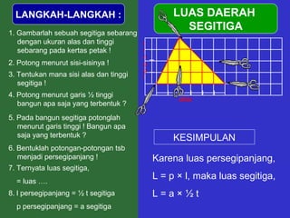 LANGKAH-LANGKAH :
1. Gambarlah sebuah segitiga sebarang
dengan ukuran alas dan tinggi
sebarang pada kertas petak !
4. Potong menurut garis ½ tinggi
bangun apa saja yang terbentuk ?
2. Potong menurut sisi-sisinya !
3. Tentukan mana sisi alas dan tinggi
segitiga !
7. Ternyata luas segitiga,
= luas ….
5. Pada bangun segitiga potonglah
menurut garis tinggi ! Bangun apa
saja yang terbentuk ?
LUAS DAERAH
SEGITIGA
alas
KESIMPULAN
Karena luas persegipanjang,
L = p × l, maka luas segitiga,
L = a × ½ t
6. Bentuklah potongan-potongan tsb
menjadi persegipanjang !
t
i
n
g
g
i
8. l persegipanjang = ½ t segitiga
p persegipanjang = a segitiga
 