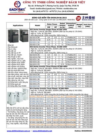 www.shihlinvietnam.com.vn - www.shihlinelectric.net Hotline: 0935999435
BẢNG GIÁ BIẾN TẦN SHIHLIN 06.2015
(Biến tần Đài Loan - Công nghệ và linh kiện của Mitsubishi / Nhật Bản)
Applications Model
Motor Power Rated
Output
In (A)
Dimensions
HxWxD
(mm)
Weight
(kg)
Unit Price
(VND)kW HP
- Băng tải
- Máy đóng gói
- Máy in màu
- Máy dệt vải
- Máy dệt bao bì PP
- Máy dệt sợi, nhuộm
- Máy khuấy ly tâm
- Máy nghiền, máy trộn
- Máy nghành cao su, giấy
- Máy nghành dược phẩm
- Máy nghành thực phẩm
- Máy nghành mía đường
- Máy cán kéo, nghành thép
- Máy ép nhựa định hình
- Máy đùn nhựa, tráng màng
- Máy đánh bóng, máy nén khí
- Máy xẻ gỗ, máy bào, máy cắt
- Máy mài, máy tiện, máy CNC
- Máy nâng hạ, cẩu trục
- Hệ thống bơm nước tăng áp
- Hệ thống quạt gió
- Hệ thống điều hòa HVARC
SS2 Series Inverter Single Phase AC200-240V
- Ngõ vào: 1 pha AC 200-240V, 50/60Hz (điện áp cho phép từ 170-264V)
- Ngõ ra: 3 pha AC 200-240V
- Khả năng quá tải: 150% trong 60s, 200% trong 1s
SS2-021-0.4K 0.4 0.5 2.7 174x80x134 1.1 3.210.000
SS2-021-0.75K 0.75 1 4.5 174x80x134 1.2 3.380.000
SS2-021-1.5K 1.5 2 8 174x111x134 1.6 4.200.000
SS2-021-2.2K 2.2 3 11 174x111x134 1.7 5.610.000
SS2 Series Inverter Three Phase AC200-240V
- Ngõ vào: 3 pha AC 200-240V, 50/60Hz (điện áp cho phép từ 170-264V)
- Ngõ ra: 3 pha AC 200-240V
- Khả năng quá tải: 150% trong 60s, 200% trong 1s
SS2-023-0.4K 0.4 0.5 3 174x80x134 1.1 3.730.000
SS2-023-0.75K 0.75 1 5 174x80x134 1.2 3.980.000
SS2-023-1.5K 1.5 2 8 174x80x134 1.2 4.920.000
SS2-023-2.2K 2.2 3 11 174x111x134 1.6 5.950.000
SS2-023-3.7K 3.7 5 17.5 174x111x134 1.7 7.370.000
SS2 Series Inverter Three Phases AC380-480V
- Ngõ vào: 3 pha AC 380-480V, 50/60Hz (điện áp cho phép từ 342-528V)
- Ngõ ra: 3 pha AC 380-480V
- Khả năng quá tải: 150% trong 60s, 200% trong 1s
SS2-043-0.4K 0.4 0.5 1.5 174x80x134 1.1 4.620.000
SS2-043-0.75K 0.75 1 2.6 174x80x134 1.1 4.880.000
SS2-043-1.5K 1.5 2 4.2 174x80x134 1.2 5.520.000
SS2-043-2.2K 2.2 3 6 174x111x134 1.6 5.650.000
SS2-043-3.7K 3.7 5 9 174x111x134 1.7 7.450.000
SS2-043-5.5K 5.5 7.5 12 174x111x134 1.7 9.680.000
Biến tần SF-G với hai cấp công
suất cho tải thường/tải nặng
- Tải thường: ứng dụng cho các
loại tải yêu cầu khả năng quá
tải thấp như bơm, quạt.
- Tải nặng: ứng dụng cho các
loại tải yêu cầu khả năng quá
tải cao như máy nâng hạ, cầu
trục, máy nghiền, máy khuấy,
…
SF-G Series Inverter Three Phases AC380-480V
- Ngõ vào: 3 pha AC 380-480V, 50/60Hz (điện áp cho phép từ 342-528V)
- Ngõ ra: 3 pha AC 380-480V
- Khả năng quá tải: 120% trong 60s (tải thường) hoặc 150% trong 60s (tải nặng)
SF-040-7.5K/5.5K-G 7.5/5.5 10/7.5 18/13 323x200x186 5.6 13.060.000
SF-040-11K/7.5K-G 11/7.5 15/11 24/18 323x200x186 5.6 14.430.000
SF-040-15K/11K-G 15/11 20/15 32/24 323x200x186 5.6 16.920.000
SF-040-18.5K/15K-G 18.5/15 25/20 38/32 350x230x195 8.3 20.980.000
SF-040-22K/18.5K-G 22/18.5 30/25 45/38 350x230x195 8.3 29.720.000
SF-040-30K/22K-G 30/22 40/30 60/45 561x300x270 25 34.560.000
SF-040-37K/30K-G 37/30 50/40 73/60 561x300x270 25 42.140.000
SF-040-45K/37K-G 45/37 60/50 91/73 561x300x270 25 49.460.000
SF-040-55K/45K-G 55/45 75/60 110/91 595x370x286 37 58.030.000
SF-040-75K/55K-G 75/55 100/75 150/110 595x370x286 37 69.630.000
SF-040-90K/75K-G 90/75 120/100 180/150 595x370x286 37 111.000.000
SF-040-110K/90K-G 110/90 150/120 220/180 850x425x286 67 126.070.000
SF-040-132K/110K-G 132/110 175/150 260/220 850x425x286 67 161.230.000
SF-040-160K/132K-G 160/132 215/175 310/260 850x425x286 67 170.740.000
 