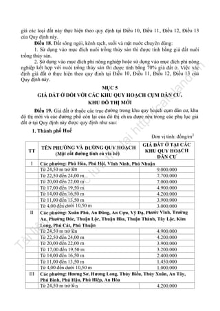nd

.v

n

giá các loại đất này thực hiện theo quy định tại Điều 10, Điều 11, Điều 12, Điều 13
của Quy định này.
Điều 18. Đất sông ngòi, kênh rạch, suối và mặt nuớc chuyên dùng:
1. Sử dụng vào mục đích nuôi trồng thủy sản thì được tính bằng giá đất nuôi
trồng thủy sản.
2. Sử dụng vào mục đích phi nông nghiệp hoặc sử dụng vào mục đích phi nông
nghiệp kết hợp với nu ôi trồng thủy sản th ì được tính bằng 70% gi á đất ở. Việc xác
định giá đất ở thực hiện theo quy định tại Điều 10 , Điều 11 , Điều 12 , Điều 13 của
Quy định này.

ht

tp
://

ca

fe

la

MỤC 5
GIÁ ĐẤT Ở ĐỐI VỚI CÁC KHU QUY HOẠCH CỤM DÂN CƯ,
KHU ĐÔ THỊ MỚI
Điều 19. Giá đất ở thuộc các trục đường trong khu quy hoạch cụm dân cư, khu
đô thị mới và các đường phố còn lại của đô thị ch ưa được nêu trong các phụ lục giá
đất ở tại Quy định này được quy định như sau:

tạ
i

1. Thành phố Huế

Đơn vị tính: đồng/m 2

GIÁ ĐẤT Ở TẠI CÁC
TT
KHU QUY HOẠCH
DÂN CƯ
I Các phường: Phú Hòa, Phú Hội, V ĩnh Ninh, Phú Nhuận
Từ 24,50 m trở lên
9.000.000
Từ 22,50 đến 24,00 m
7.700.000
ừ 20,00 đến 22,00 m
T
7.000.000
Từ 17,00 đến 19,50 m
4.900.000
Từ 14,00 đến 16,50 m
4.200.000
Từ 11,00 đến 13,50 m
3.900.000
Từ 4,00 đến dưới 10,50 m
3.000.000
II Các phường: Xuân Phú, An Đông, An Cựu, Vỹ Dạ, Phước Vĩnh, Trường
An, Phường Đúc, Thuận Lộc, Thuận Hòa, Thuận Thành, Tây Lộc, Kim
Long, Phú Cát, Phú Thuận
Từ 24,50 m trở lên
4.900.000
Từ 22,50 đến 24,00 m
4.200.000
Từ 20,00 đến 22,00 m
3.900.000
Từ 17,00 đến 19,50 m
3.200.000
Từ 14,00 đến 16,50 m
2.400.000
Từ 11,00 đến 13,50 m
1.450.000
Từ 4,00 đến dưới 10,50 m
1.000.000
III Các phường: Hương Sơ, Hương Long, Thủy Biều, Thủy Xuân, An Tây,
Phú Bình, Phú Hậu, Phú Hiệp, An Hòa
Từ 24,50 m trở lê n
4.200.000

Tà

il

iệ

u

nà

y

đư

ợc

lư

u

trữ

TÊN PHƯỜNG VÀ ĐƯỜNG QUY HOẠCH
(Mặt cắt đường tính cả vĩa hè)

 
