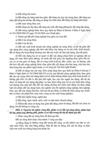 Tà

il

iệ

u

nà

y

đư

ợc

lư

u

trữ

tạ
i

ht

tp
://

ca

fe

la

nd

.v

n

a) Đất trồng lúa nước;
b) Đất trồng cây hàng năm bao gồm: đất trồng các loại cây lương thực, đất trồng rau
màu, đất trồng lúa nương, đất trồng cỏ dùng vào chăn nuôi, đất trồng cây hàng năm khác;
c) Đất nuôi trồng thủy sản;
d) Đất trồng cây lâu năm, đất rừng sản xuất, đất rừng phòng hộ, đất rừng đặc dụng;
đ) Đất nông nghiệp khác theo quy định tại Điểm đ Khoản 4 Điều 6 Nghị định
số 181/2004/NĐ-CP ngày 29/10/2004 của Chính phủ;
2. Nhóm giá đất phi nông nghiệp bao gồm các loại đất:
a) Đất ở tại nông thôn;
b) Đất ở tại đô thị;
c) Đất sản xuất kinh doanh phi nông nghiệp tại nông thôn và đô thị gồm đất
xây dựng khu công nghiệp; đất làm mặt bằng xây dựng cơ sở sản xuất, kinh doanh;
đất sử dụng cho hoạt động khoáng sản; đất sản xuất vật liệu xây dựng, làm đồ gốm;
d) Đất xây dựng trụ sở cơ quan và đất xây dựng công trình sự nghiệp; đất sử
dụng vào mục đích quốc phòng, an ninh; đất tôn giáo, tín ngưỡng (bao gồm đất do
các cơ sở tôn giáo sử dụng, đất có công trình là đì nh, đền, miếu, am, từ đường, nhà
thờ họ); đất phi nông nghiệp khác (bao gồm đất xây dựng nhà bảo tàng, nhà bảo tồn,
nhà trưng bày tác phẩm nghệ thuật, cơ sở sáng tác văn hóa nghệ thuật);
đ) Đất sử dụng vào các mục đích công cộng theo quy định tại Điểm b Khoản 5
Điều 6 Nghị định số 181/2004/NĐ-CP và các loại đất phi nông nghiệp khác (bao gồm
đất cho các công trình xây dựng khác của tư nhân không nhằm mục đích kinh doanh và
không gắn liền với đất ở; đất làm nhà nghỉ, lán, trại cho người lao động; đất đô thị
được sử dụng để xây dựng nhà phục vụ mục đích trồng trọt, kể cả các hình thức trồng
trọt không trực tiếp trên đất; đất xây dựng chuồng trại chăn nuôi động vật được pháp
luật cho phép; đất xây dựng trạm, trại nghiên cứu thí nghiệm nông nghiệp, lâm nghiệp,
thủy sản; đất xây dựng nhà kho, nhà của hộ gia đình, cá nhân để chứa nông sản, thuốc
bảo vệ thực vật, phân bón, máy móc, công cụ sản xuất nông nghiệp);
e) Đất làm nghĩa trang, nghĩa địa;
f) Đất sông, ngòi, kênh, rạch, suối và mặt nước chuyên dùng;
3. Nhóm đất chưa sử dụng bao gồm đất bằng chưa sử dụng, đất đồi núi chưa sử
dụng, núi đá không có rừng cây.
Điều 4. Nguyên tắc phân vùng đất, phân vị trí đất tại nông thôn; phân loại
đô thị, phân loại đường phố, phân vị trí đất trong đô thị để định giá đất
1. Phân vùng đất tại nông thôn để định giá đất
Đất tại nông thôn được chia thành 3 vùng sau đây:
a) Đồng bằng là những vùng đất tương đối rộng, có độ chênh cao nhỏ so với
mặt nước biển, hầu như bằng phẳng. Mật độ dân số đông, kết cấu hạ tầng và điều
kiện sản xuất lưu thông hàng hoá thuận lợi.

 