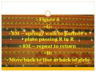  Figure 6
 G:
 8M – springy walk to partner’s
place passing R to R
 8M – repeat to return
 B:
 Move back to line at back of girls
 